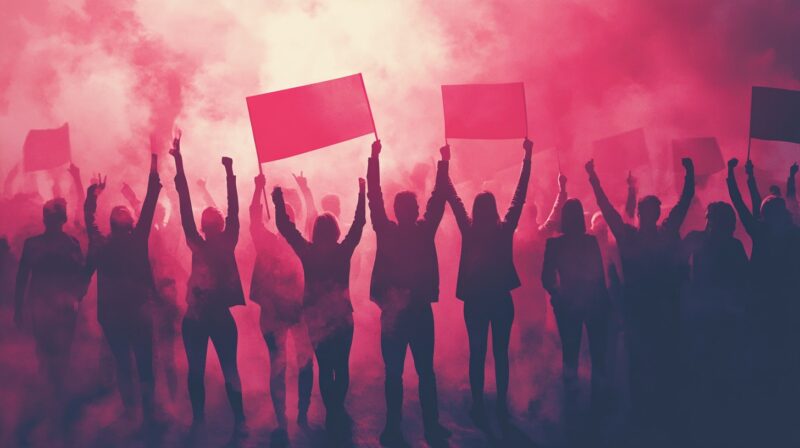 A silhouetted crowd raising flags and fists amidst red smoke, symbolizing a powerful protest