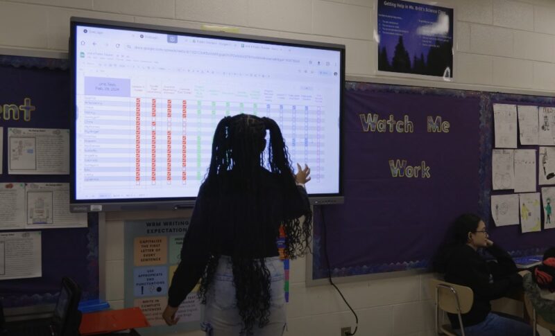 Girl touching big display in modern classroom in a school