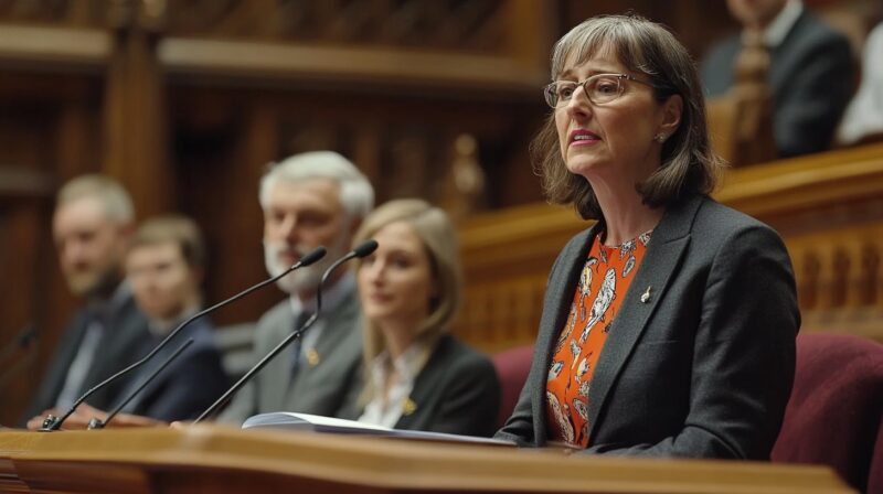 A government official addressing a legislative assembly, speaking into a microphone, with other officials seated in the background