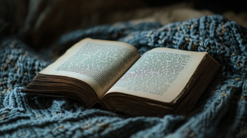 An open book resting on a textured blue blanket, inviting a sense of warmth and calm