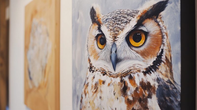 A detailed painting of an owl with vivid yellow eyes and intricate feather details, displayed on a wooden frame