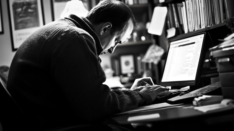 A man working intently at a desk, with bookshelves and a computer screen displaying text in the background, focused on separating main points from supporting details